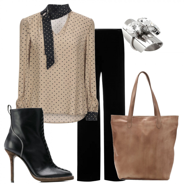 Outfit donna - Pois in primo piano. Stile Bon Ton per Ufficio. Abbinamento con bluse, borse a spalla, anelli, pantaloni, stivaletti.
