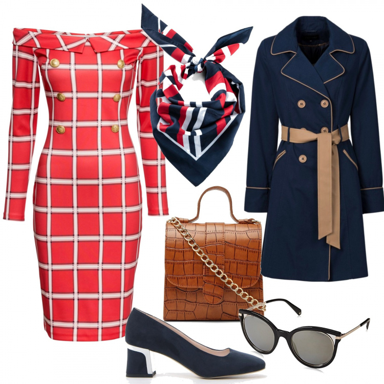 Outfit donna - Monday vintage. Stile Bon Ton per Ufficio. Abbinamento con trench, vestiti, foulard, borsa tote, occhiali da sole, décolleté.