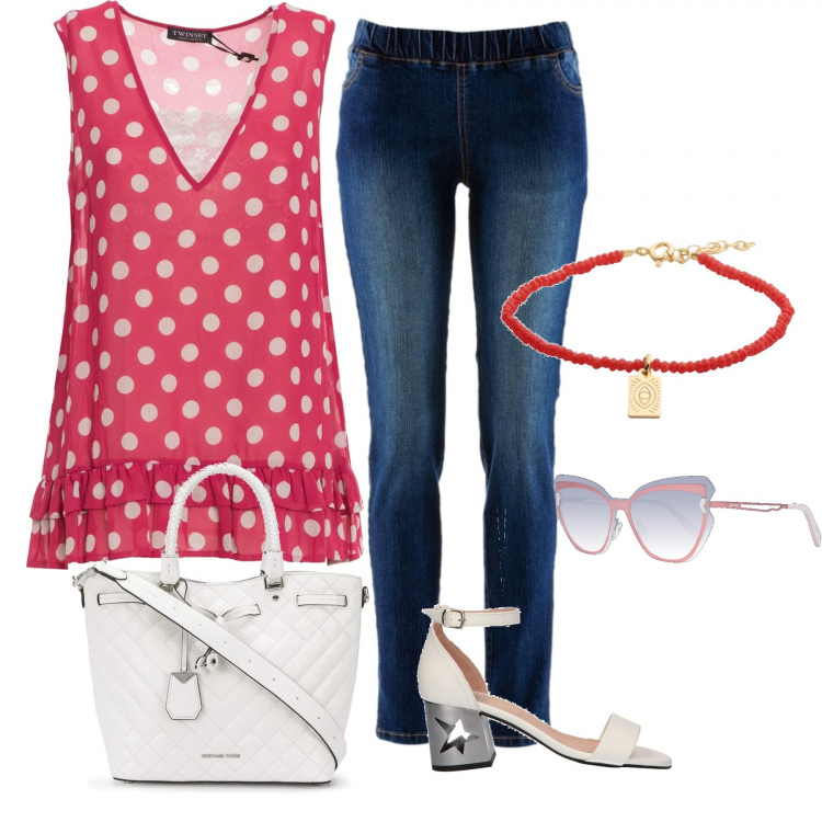 Outfit donna - Pois estivi. Stile Chic per Tutti i giorni. Abbinamento con treggings, braccialetti, borse tote, top, sandali, occhiali da sole.