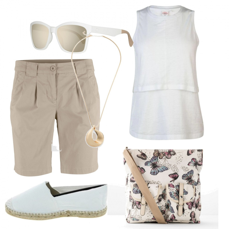 Outfit donna - Basic #10161. Stile Basic per Tutti i giorni. Abbinamento con borse a tracolla, bermuda, sneakers, espadrillas, top, occhiali da sole.