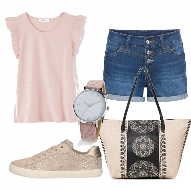 Outfit donna - Basic #10168. Stile Basic per Tutti i giorni. Abbinamento con shorts, orologio, t-shirt, sneakers, borsa a spalla.