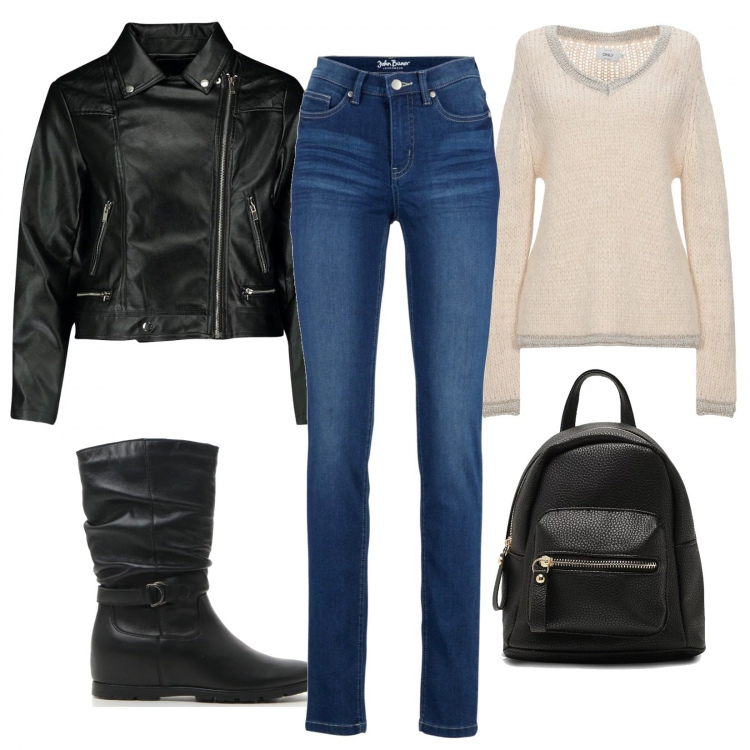 Outfit donna - Urban #8083. Stile Urban per Tutti i giorni. Abbinamento con jeans, pullover, zaino, giacca, stivaletti.