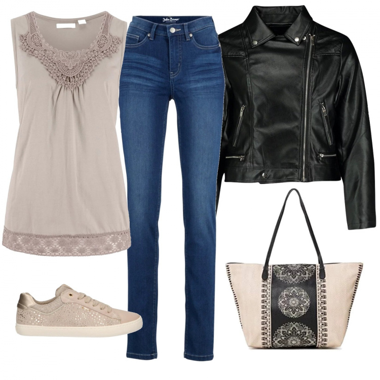 Outfit donna - Urban #8086. Stile Urban per Tutti i giorni. Abbinamento con jeans, top, giacca, sneakers, borsa a spalla.