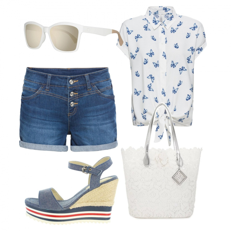 Outfit donna - Basic #10179. Stile Basic per Tutti i giorni. Abbinamento con shorts, tuniche, shopping bag, sandali, occhiali da sole.