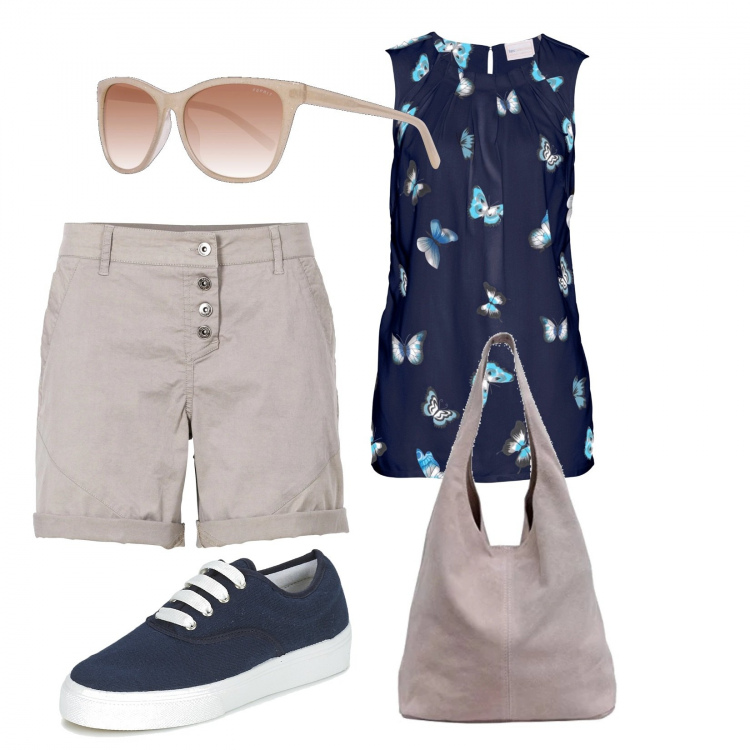 Outfit donna - Basic #10180. Stile Basic per Tutti i giorni. Abbinamento con top, shorts, sneakers, borsa a tracolla, occhiali da sole.