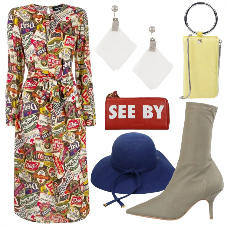 Outfit donna - Outfit 42. Stile Chic per Tutti i giorni. Abbinamento con stivaletti, borse a mano, portafogli, cappelli, vestito midi taglio dritto con stampa girocollo a maniche lunghe con orlo multicolore, orecchini.