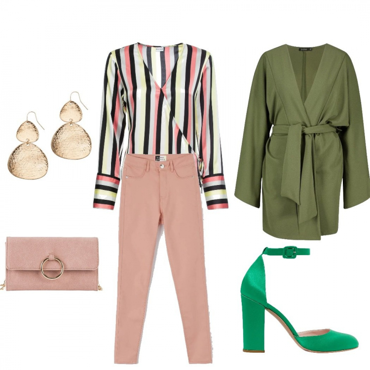 Outfit donna - Greenky spring. Stile Urban Abbinamento con cappotti, camicia, orecchini, décolleté, pantaloni, cardigan.