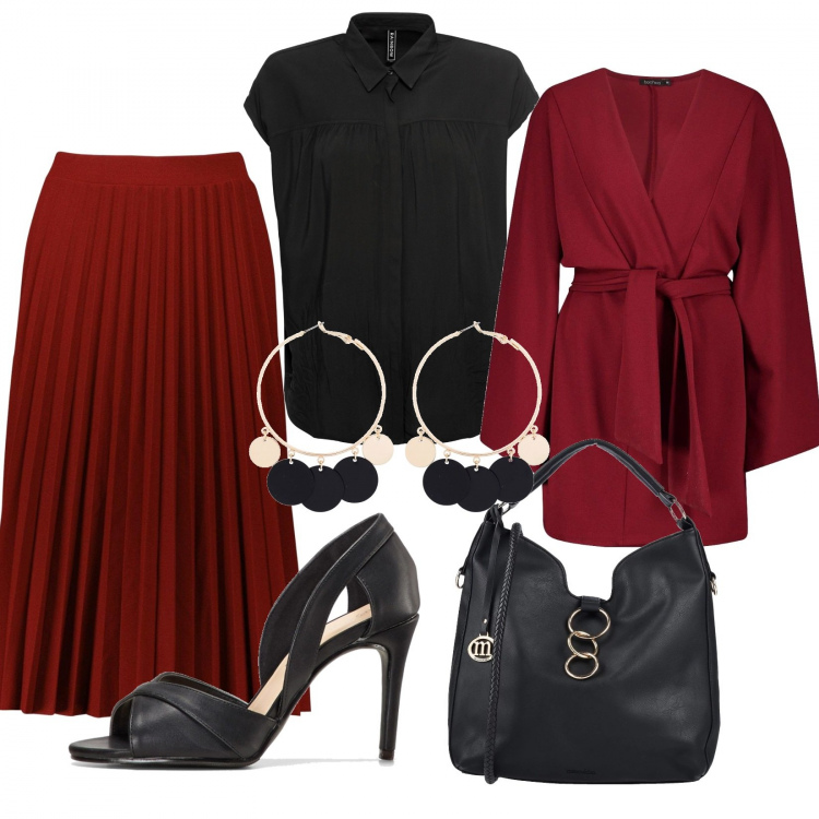 Outfit donna - Trendy #17211. Stile Trendy per Ufficio. Abbinamento con camicie a manica corta, décolleté, orecchini, borsa a mano, gonne longuette, cardigan.