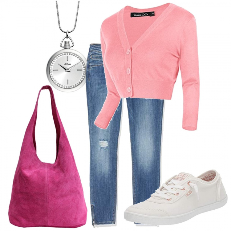 Outfit donna - Amazon fashion. Stile Basic per Tutti i giorni. Abbinamento con borsa a tracolla, bolero, jeans skinny, sneakers, orologio.