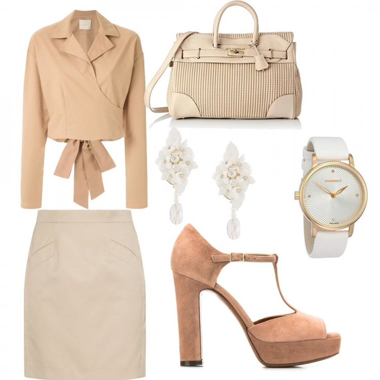 Outfit femme - Un printemps élégant. Style Chic pour Cérémonie. look idéal pour Grande. Assortir avec minijupes, chemises, chaussures à talons, sacs à main, boucles d'oreilles, montres.