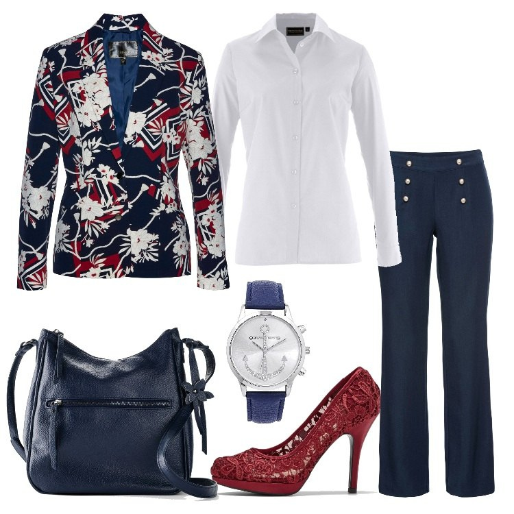 Outfit donna - Monday style blazer floreale. Stile Bon Ton per Ufficio. Abbinamento con camicie, pantaloni, blazer, décolleté, orologi, borse a tracolla.