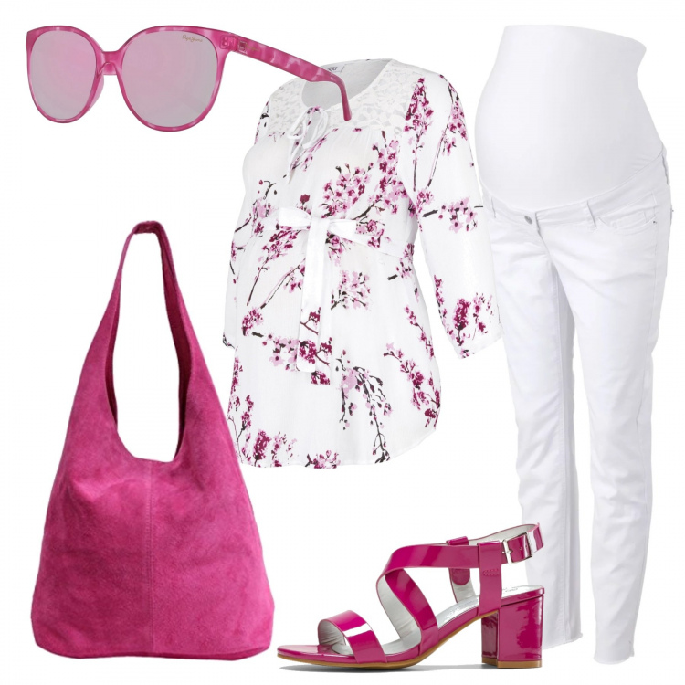 Outfit donna - Premaman romantica. Stile Basic per Tutti i giorni. look ideale per Premaman. Abbinamento con bluse, pantaloni, sandali col tacco, borsa a tracolla, occhiali da sole.