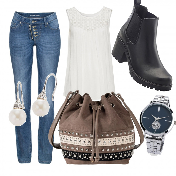 Outfit donna - Semplicità. Stile Trendy per Tutti i giorni. Abbinamento con stivaletti chelsea, gonne, top, borse a mano, orologio, orecchini.