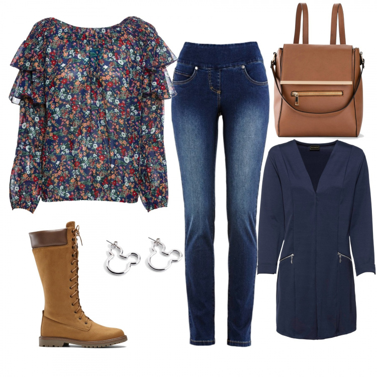 Outfit donna - Urban #8134. Stile Urban per Tutti i giorni. Abbinamento con jeans slim fit, blusa, blazer, stivali, zaini, orecchini.