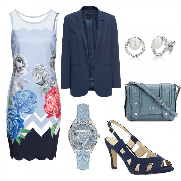 Outfit femme - Un jour ensoleillé. Style Chic pour Soirée dehors. look idéal pour Grande. Assortir avec robes, blazers, boucles d'oreilles, chaussures à talons, sacs à bandoulière et portés à l'épaule, montres.