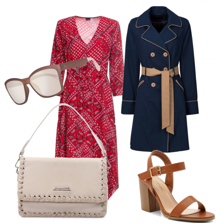 Outfit donna - Bon Ton #16603. Stile Bon Ton per Tutti i giorni. Abbinamento con trench, vestiti, sandali con tacco, borse a mano, occhiali da sole.