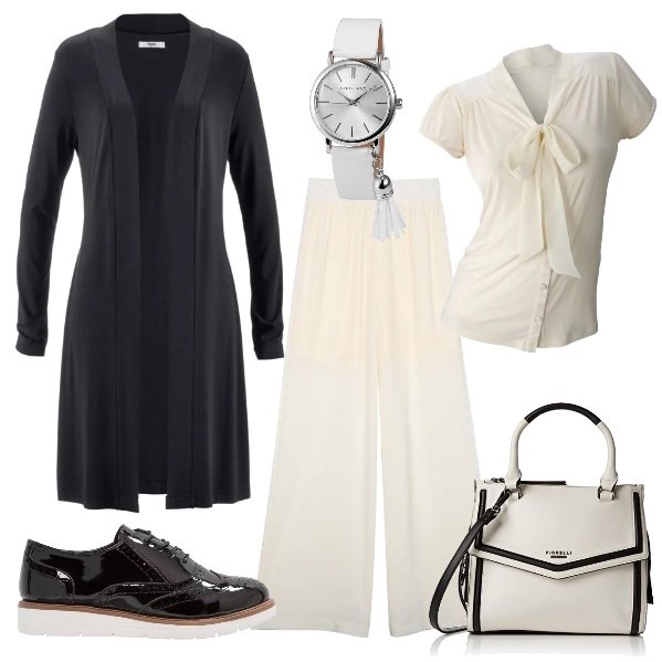 Outfit donna - Una foto in bianco e nero. Stile Basic per Ufficio. Abbinamento con cardigans, borsa a mano bianco, orologio con cinturino in pelle sintetica.
