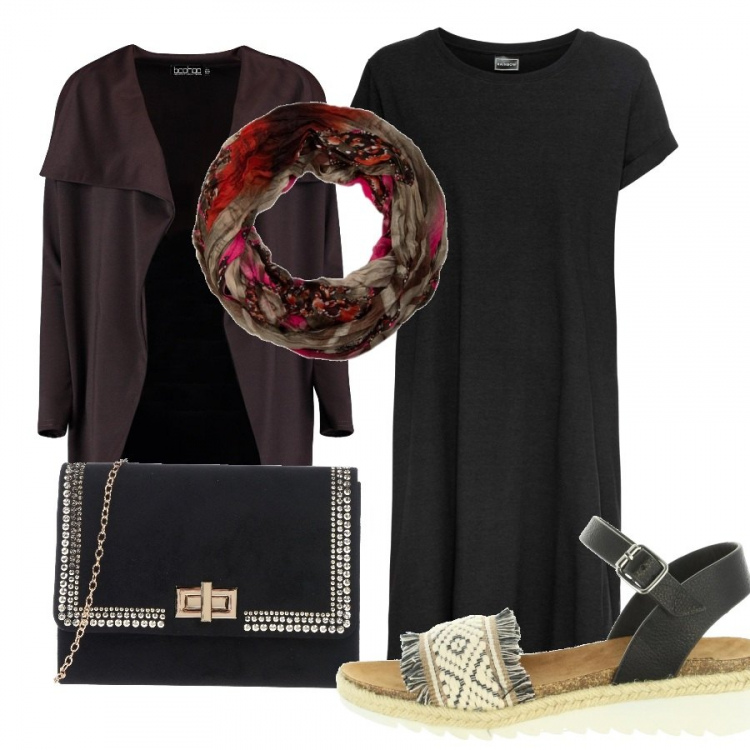 Outfit donna - outfit. Stile Etnico per Serata fuori. Abbinamento con borse a mano, vestiti, impermeabile, sandali, sciarpa.
