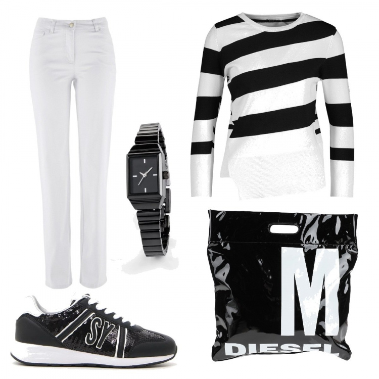 Outfit donna - Bianco & nero. Stile Urban per Tutti i giorni. Abbinamento con pantaloni, orologi, borse a mano, pullover, sneakers.