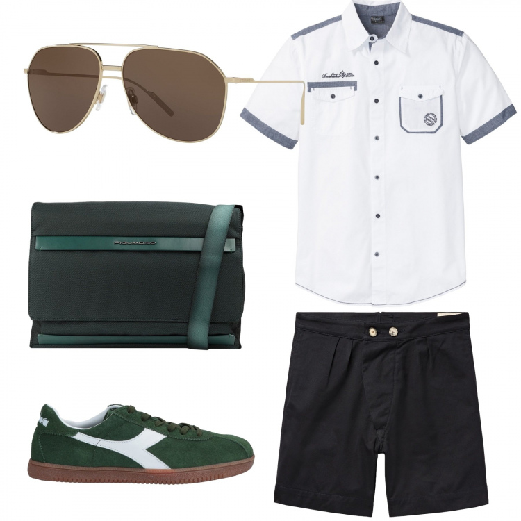 Outfit uomo - Urban #2792. Stile Urban per Tutti i giorni. Abbinamento con camicie a manica corta, shorts, sneakers, accessori, occhiali da sole.