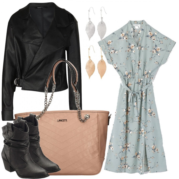 Outfit donna - Monday morning. Stile Trendy look ideale per Tall. Abbinamento con stivaletti texani, orecchini, vestiti lunghi, giacca, shopping bag.