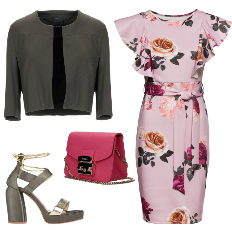 Outfit donna - Bouquet. Stile Chic per Cerimonia. Abbinamento con sandali col tacco, blazer, pantaloni chino, borse a spalla.