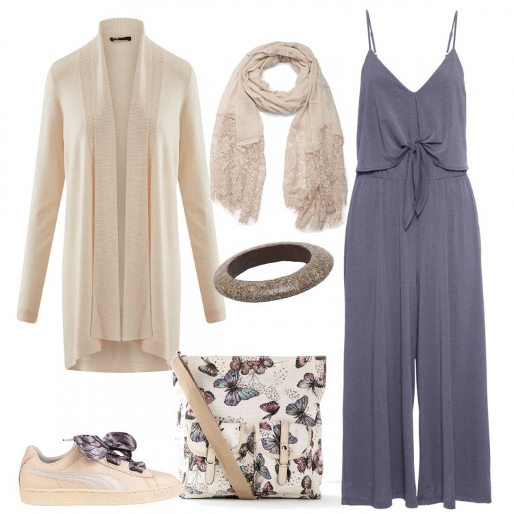 Outfit donna - In jumpsuit tutto il dì. Stile Basic per Tutti i giorni. Abbinamento con sneakers, braccialetti, borse a tracolla, tuta, cardigans, sciarpe.
