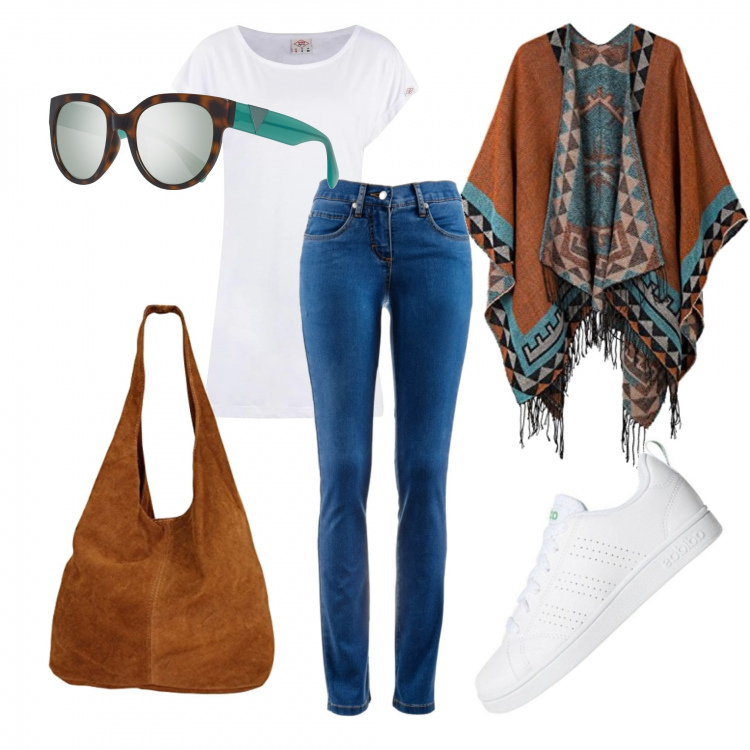 Outfit donna - Total look #491622. Abbinamento con jeans dritti, sneakers, poncio, borsa a tracolla, t-shirt sportiva, occhiali da sole.