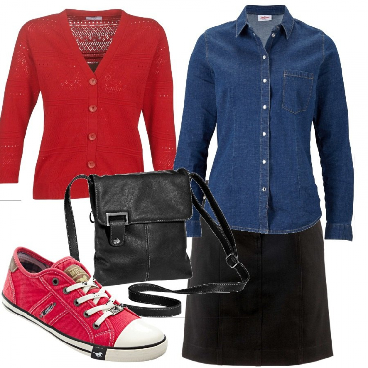 Outfit donna - outfit. Stile Basic per Tutti i giorni. Abbinamento con camicia, sneakers, minigonne, sandali col tacco, gilet.
