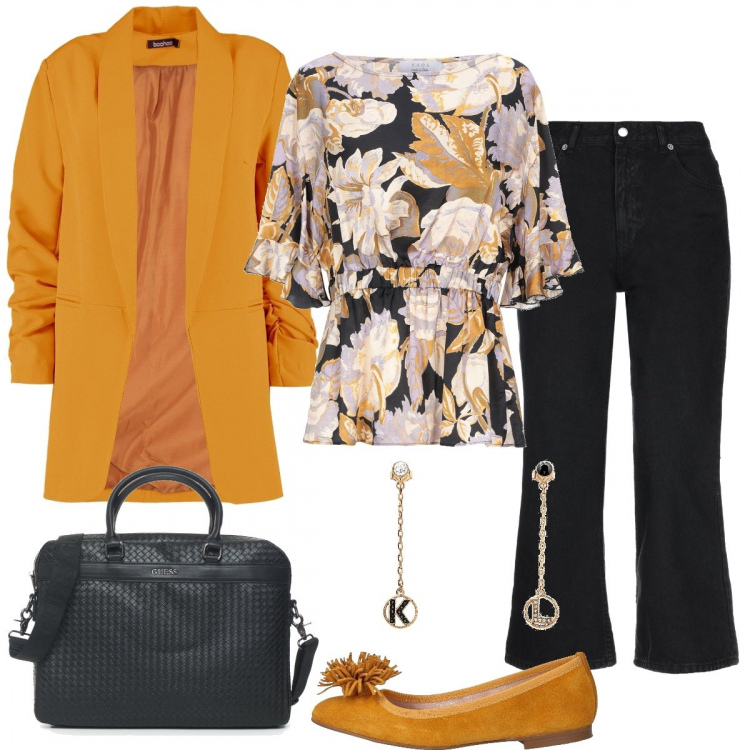 Outfit donna - Professionale anche da casa. Stile Basic per Ufficio. Abbinamento con camicia, jeans, ballerine, orecchini, blazer, borsa a mano.
