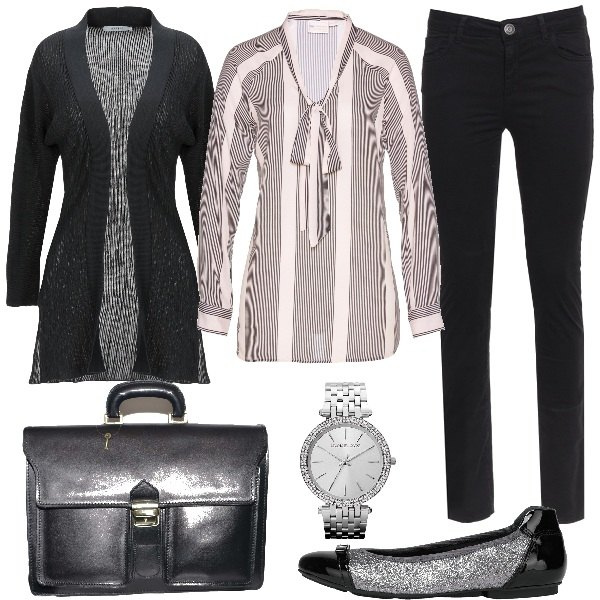 Outfit donna - Conference call di lavoro da casa!. Stile Basic per Tutti i giorni. Abbinamento con tuniche, cardigan, ballerine, orologi analogici, borsa, jeans.