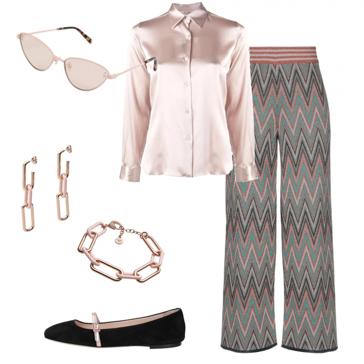 Outfit donna - Conference call. Stile Chic per Ufficio. Abbinamento con pantaloni, ballerine, braccialetti, orecchini, occhiali da sole, camicia.