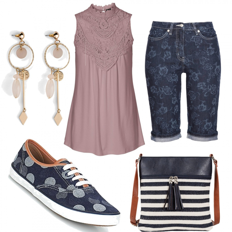 Outfit donna - Shorts e sneakers. Stile Trendy per Tutti i giorni. Abbinamento con top, orecchini, bermuda, jeans, sneakers.