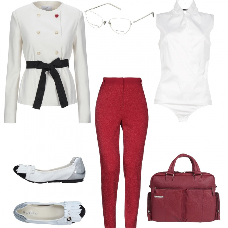 Outfit donna - In conference call!. Stile Bon Ton per Ufficio. Abbinamento con top, ballerine, blazer, pantaloni, borse a cartella, occhiali da sole.