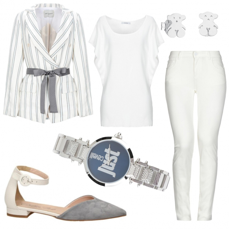 Outfit mujer - Trabajo desde Casa. Estilo Trendy para Oficina. Combinación con bailarinas y zapatos planos, vaqueros, pendientes, chaqueta, jerséis, orologio.