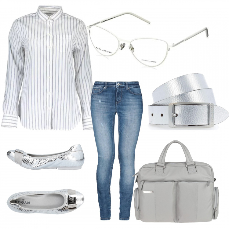 Outfit donna - Smart working. Stile Bon Ton per Ufficio. Abbinamento con ballerine, borse a cartella, jeans, cinture, camicia, occhiali da sole.