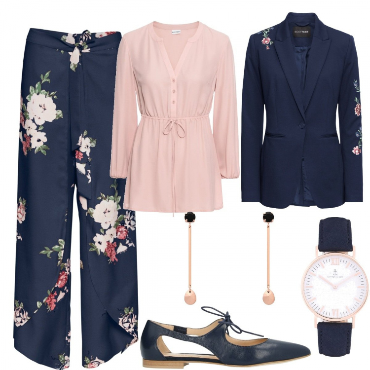 Outfit femme - Télétravail. Style Bon Ton pour Bureau. Assortir avec pantalons longs, vestes, blazers et manteaux, chemises, ballerines et chaussures plates, montres, boucles d'oreilles.