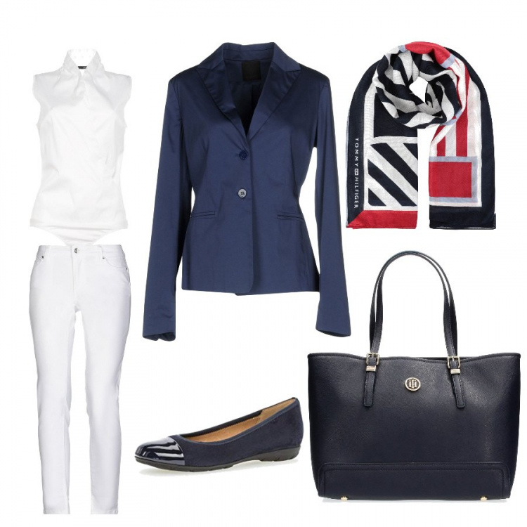 Outfit mujer - Blanco y azul con detalle en rojo. Estilo Chic para Oficina. Combinación con vestito mini, shopping bag tote, top, blazers, pantalone, sciarpa multicolore.