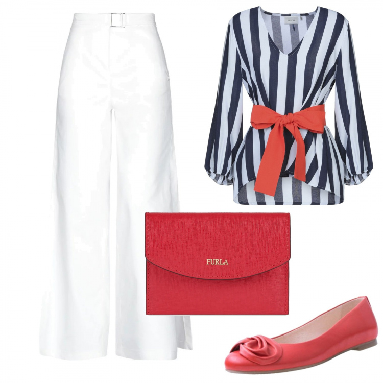 Outfit mujer - Trabajo en contraste. Estilo Bon Ton para Oficina. Combinación con bailarinas, blusas, pantalones, portacomputer.