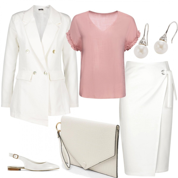 Outfit donna - Perfetta dietro lo schermo. Stile Bon Ton per Ufficio. Abbinamento con blusa, ballerine, orecchini, gonna longuette, blazer, pochette.