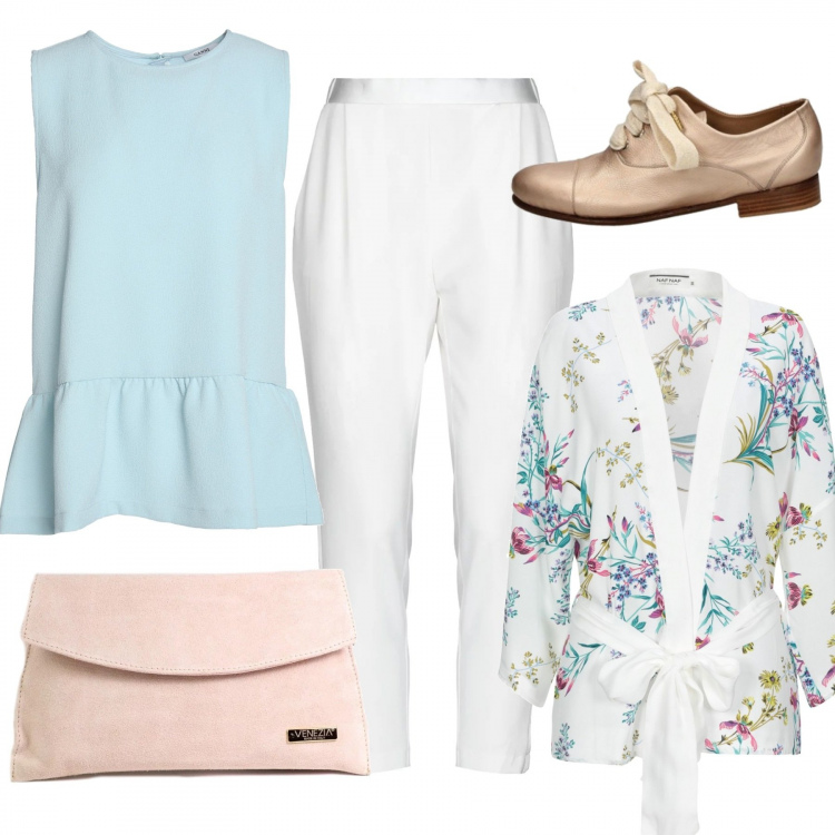 Outfit mujer - Videollamada de trabajo. Estilo Bon Ton para Oficina. Combinación con bolso, zapatos de tacón oro, blazers, pantalones, top.