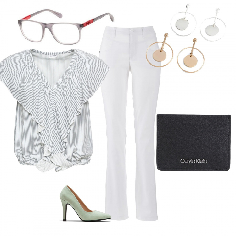 Outfit femme - Working 3.0. Style Basique pour Bureau. Assortir avec chemises, pantalon long, chaussures à talon, boucles d'oreilles, lunettes de soleil et montures pour lunettes de vue, sacoches d'ordinateur et porte-documents.