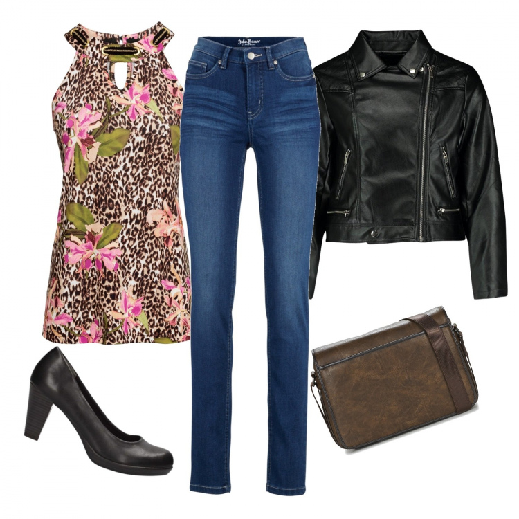 Outfit donna - Urban #8251. Stile Urban per Tutti i giorni. Abbinamento con jeans, top, giacca, borsa a tracolla, décolleté.