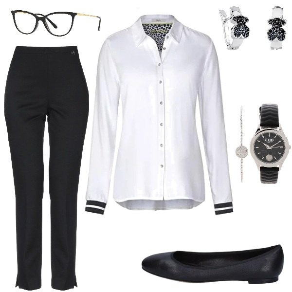 Outfit mujer - Home Office. Estilo Bon Ton para Oficina. Combinación con blusa bianco, bailarinas y zapatos planos, pendientes, orologio, pantalone jersey, gafas de sol.