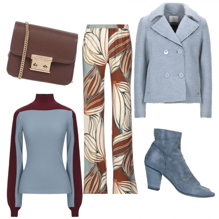 Outfit donna - Porpora e castagne. Stile Trendy per Tutti i giorni. Abbinamento con stivaletti, pantaloni, cappotti, borse a spalla.