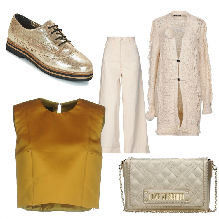 Outfit donna - Panna e oro. Stile Trendy per Tutti i giorni. Abbinamento con cardigans, pantaloni, top, borse a spalla, scarpe stringate.