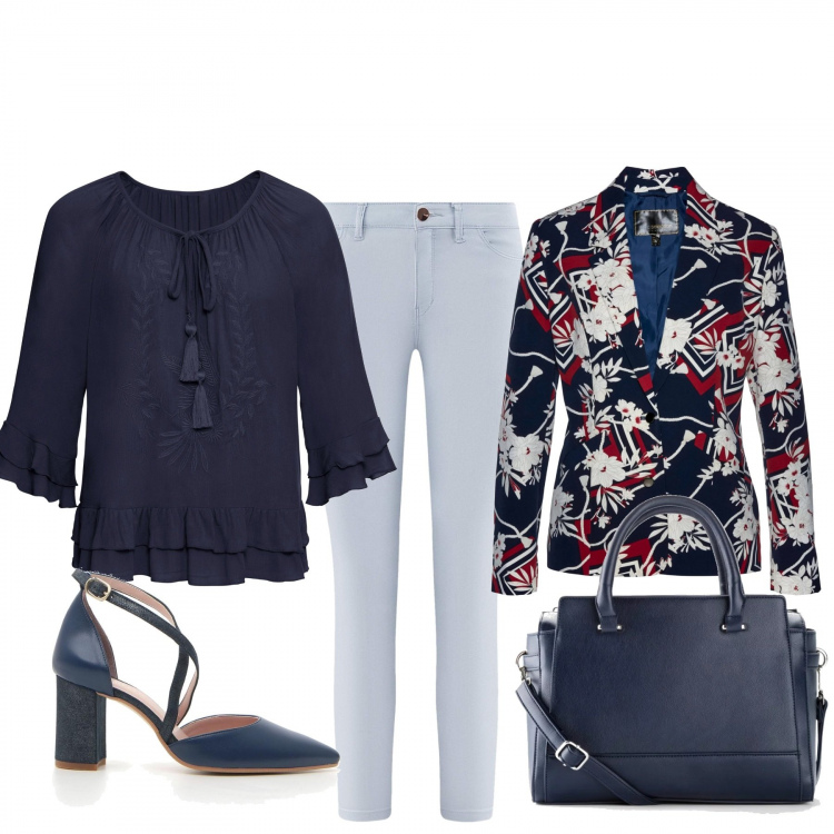 Outfit donna - Chic #9515. Stile Chic per Ufficio. Abbinamento con tuniche, blazer, portafogli, décolleté, jeans slim fit.