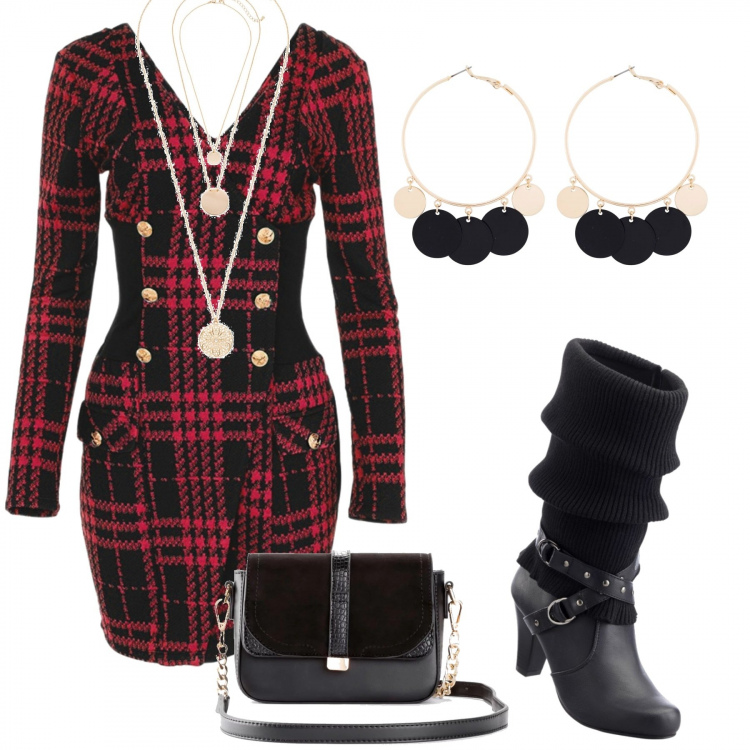 Outfit donna - Rock #2338. Stile Rock per Serata fuori. Abbinamento con stivali, vestiti, ciondoli, borsa a tracolla, orecchini.