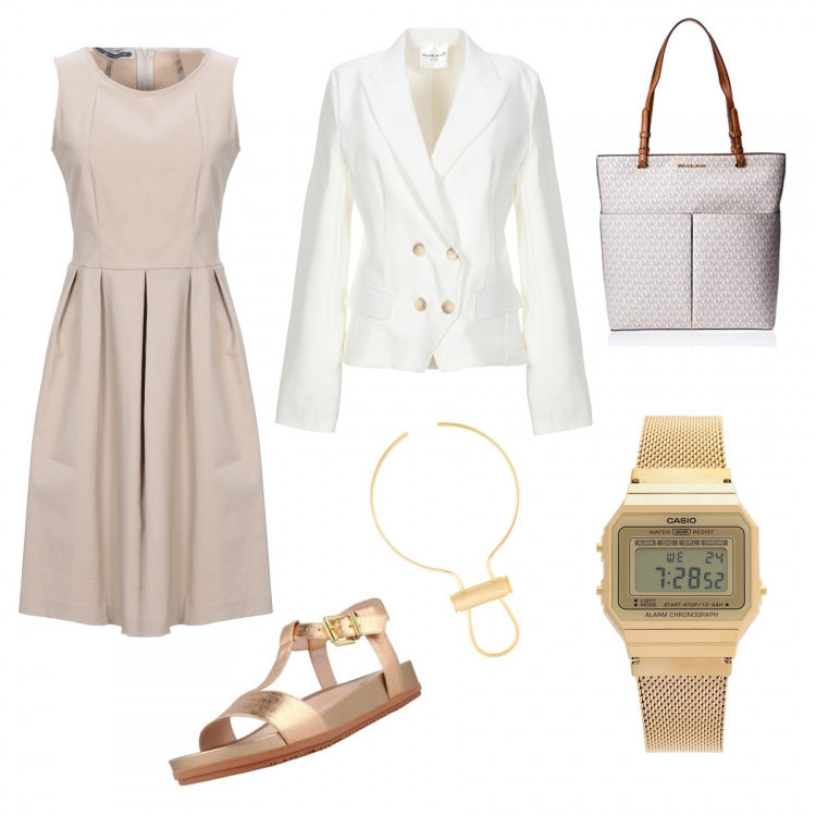 Outfit mujer - Conferencia express. Estilo Basic para Oficina. Combinación con borsa a mano multicolore, sandalias, zuecos, mules y chanclas de moda, vestidos cortos, reloj, giacca, collares.