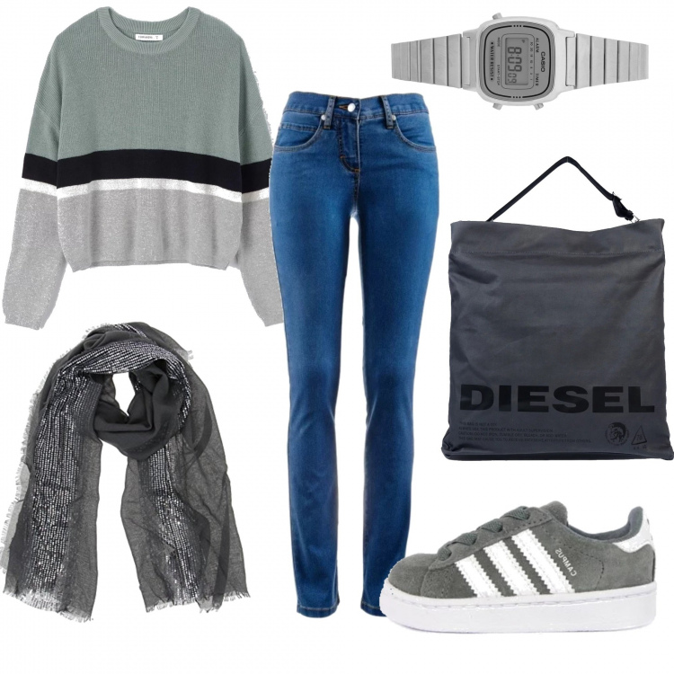 Outfit donna - Total look #492302. Abbinamento con jeans dritti, borsa a spalla, orologi, pullovers, sneakers, sciarpa con paillettes grigio.